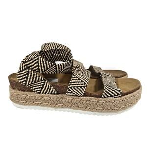 L Steve Madden Kimmie Flatform Espadrille Sandals Black Tan Womens Size 9 Jute